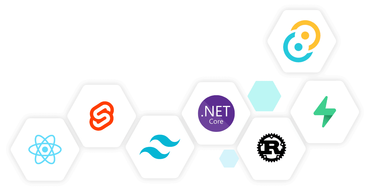 Kacheln mit Technologielogos (C++, NextJS, vercel, Rust, .NETCore, Svelte, Tailwind, React)