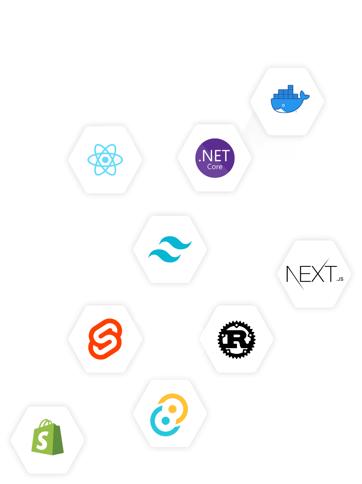 Logos unseres Tech-Stacks: Docker, .NET Core, React, Tailwind, nodeJs, Svelte, Rust, Shopify, Tauri